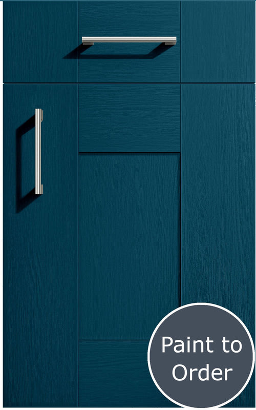 Cartmel Midnight Blue cabinet door with a silver handle and 'Paint to Order' label.