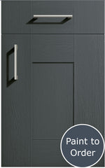 Cartmel Onyx Grey cabinet door and drawer front. Both have a silver handle. Labelled 'Paint to Order'.  