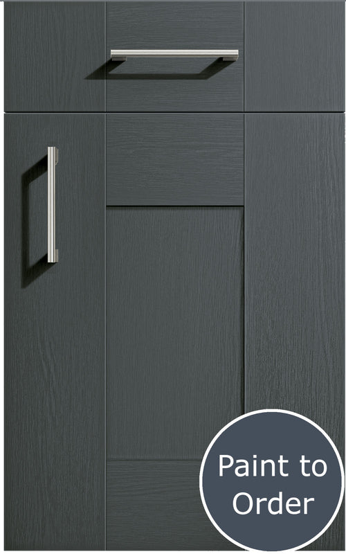 Cartmel Onyx Grey cabinet door and drawer front. Both have a silver handle. Labelled 'Paint to Order'.  