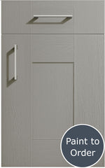 Cartmel Pebble Grey cabinet door and drawer front. Both have a silver handle. Labelled 'Paint to Order'. 