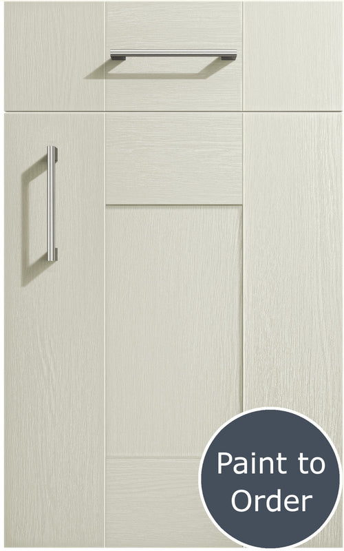 Cartmel Porcelain cabinet door and drawer front. Both have a silver handle. Labelled 'Paint to Order'. 