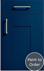Cartmel Sapphire Blue cabinet door and drawer front. Both have a silver handle. Labelled 'Paint to Order'. 