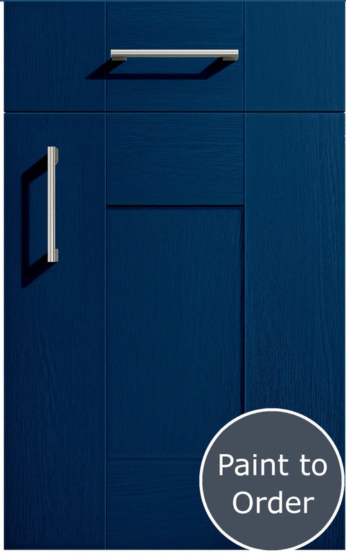 Cartmel Sapphire Blue cabinet door and drawer front. Both have a silver handle. Labelled 'Paint to Order'. 