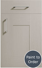 Cartmel Taupe Grey cabinet door and drawer front. Both have a silver handle. Labelled 'Paint to Order'. 