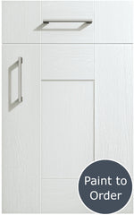 Cartmel White-Grey cabinet door and drawer front. Both have a silver handle. Labelled 'Paint to Order'. 