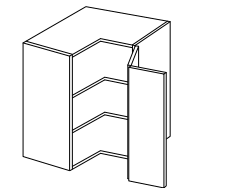 Line drawing of a corner cabinet with open door