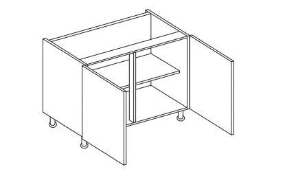 Line drawing of a double base unit with opened doors, a shelf, and legs.