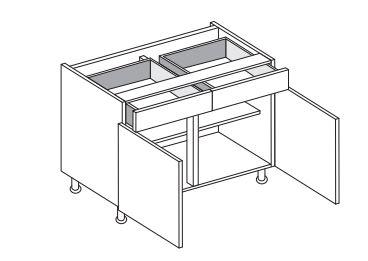 Line drawing of a double drawerline kitchen cabinet with open doors and drawers on a white background.