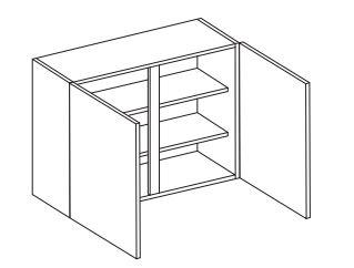 Line drawing of a white double wall cabinet with two doors and two shelves.