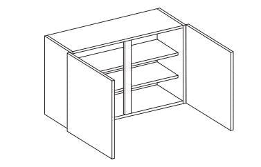 Line drawing of a double wall unit with two doors and two flat shelves depicted in a side view.