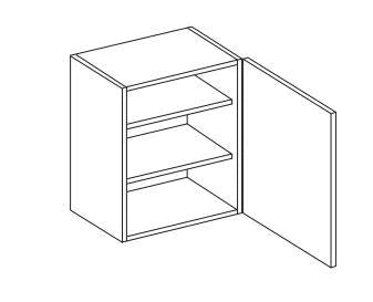 Line drawing of a white single wall unit with an opened door and two shelves.