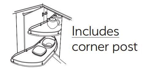 Diagram of a corner kitchen cabinet with a corner post and a pull-out-mechanism with two shelves. Labelled 'Includes corner post'.