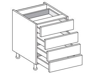 Line drawing of a kitchen cabinet with four drawers on a white background.