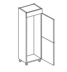 Technical drawing of a white fridge/freezer unit.