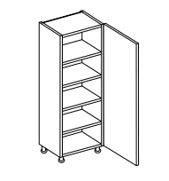 Line drawing of a tall larder unit with four internal shelfs and an open door.