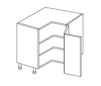 Line drawing of a corner base cabinet with open door and two shelves.