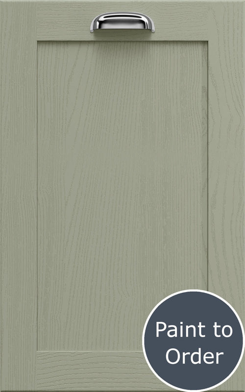 Newmarket French Grey cabinet door with a silver handle and 'Paint to Order' label.