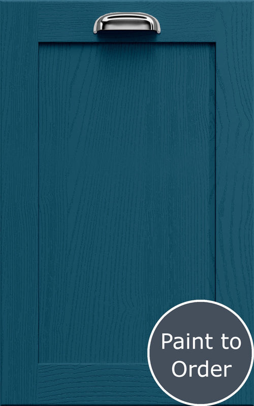 Newmarket Midnight Blue cabinet door with a silver handle and 'Paint to Order' label.