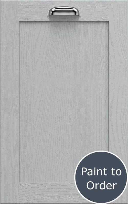 Newmarket Silver Grey cabinet door with a silver handle and 'Paint to Order' label.