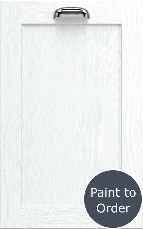 Newmarket White Grey cabinet door with a silver handle and 'Paint to Order' label.