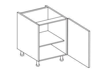 Line drawing of a single kitchen cabinet with a door open. It has one shelf and legs.