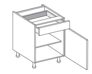 Line drawing of a single kitchen cabinet with an open door and one drawer on top. One shelf.
