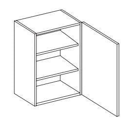 Line drawing of a white 900mm tall wall unit with one door and two shelves.