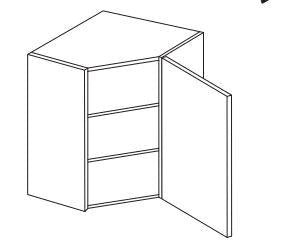 Line drawing of a corner cabinet with an open door and two shelves.