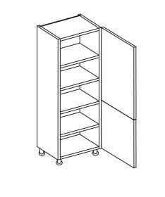 Line drawing of a white tall larder unit  with four shelves, two opened doors and adjustable legs.