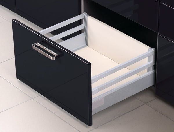 Topslide drawer box with slab style drawer front.