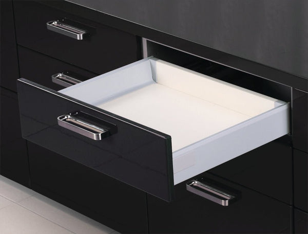 Topslide drawer box with slab style drawer front.